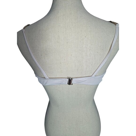 White Ribbed Swim Top Bralette With Chain Straps & Back Clasp Closure*34B - Picture 3 of 7
